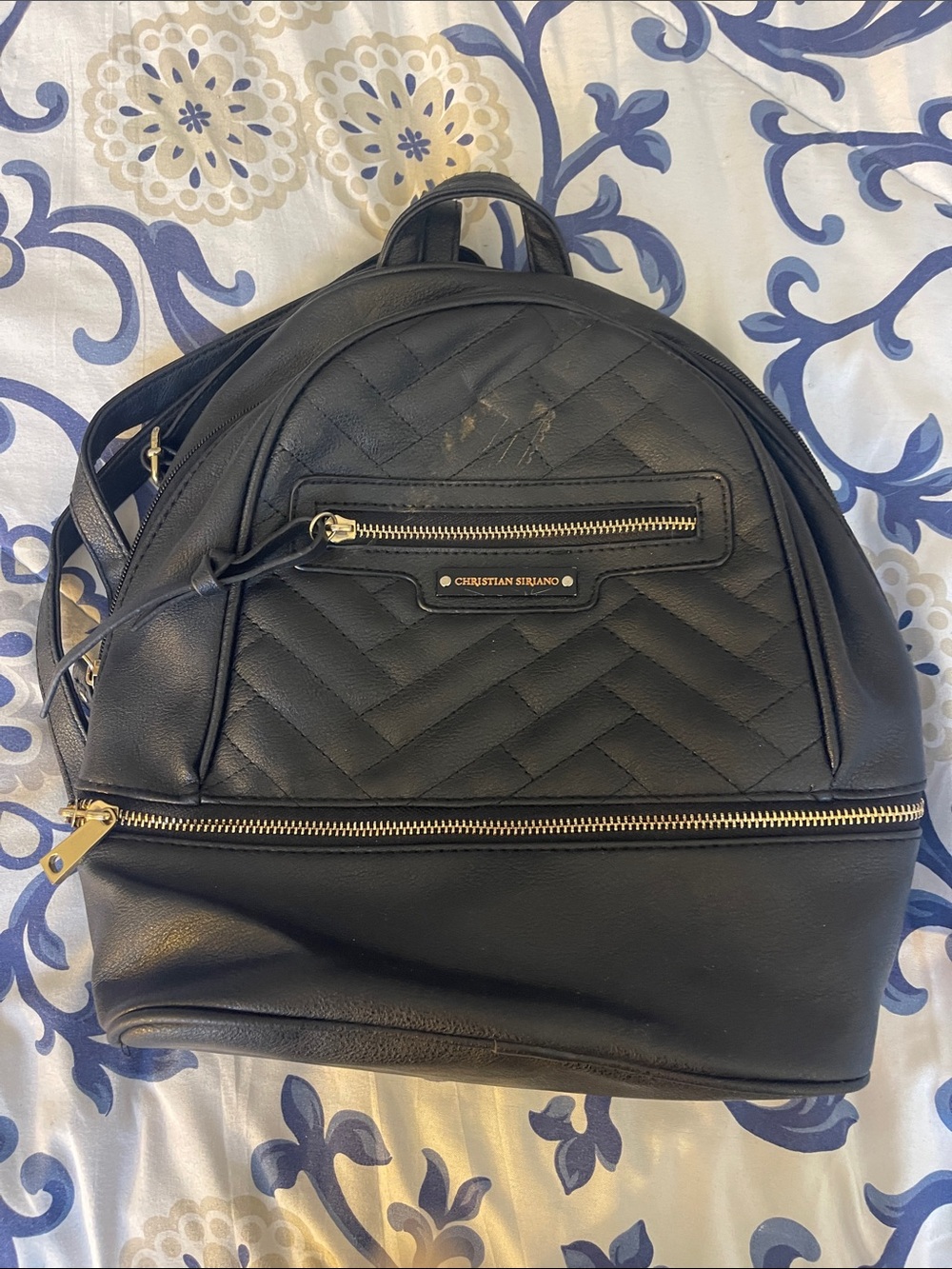 Christian Siriano Black Quilted Chevron Backpack with Gold Hardware